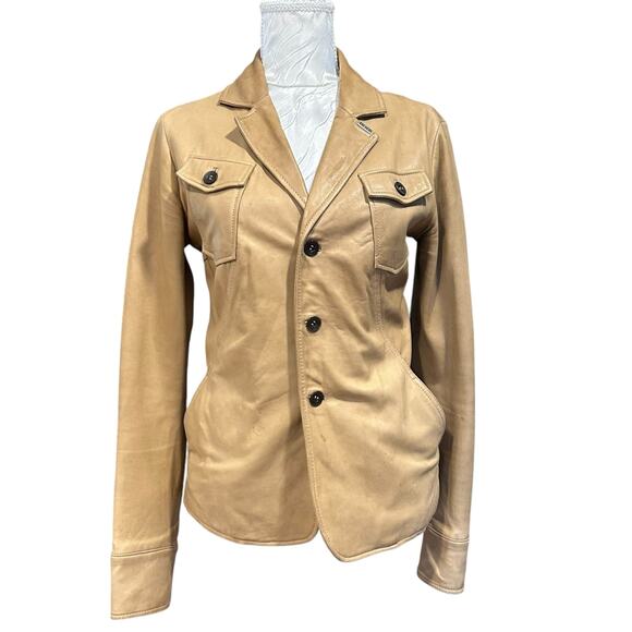 Diesel Tan Leather Coat Womens Sz Small Fitted Soft Leather Retro Moto Biker - Picture 1 of 16